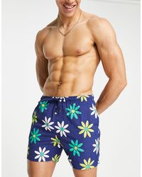 Pull&Bear Flower Print Swim Shorts - Blue