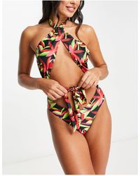 Public Desire - Floral Palm Print Halter Tie Waist Swimsuit - Lyst