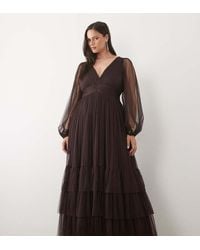 Lace & Beads Plus - Bridesmaid Tulle Sheer Sleeve Plunge Neck Tiered Maxi Dress - Lyst