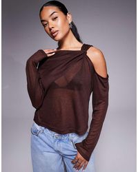 ASOS - Knit-look Semi Sheer Long Sleeve Top With Drape Cold Shoulder - Lyst