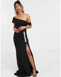 goddiva off shoulder bardot placement lace maxi dress in black and gold