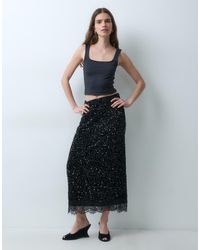 Vila - Sequin & Velour Maxi Skirt With Lace Trim - Lyst