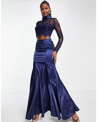 Goddiva Lace And Satin Fishtail Prom Two Piece - Blue
