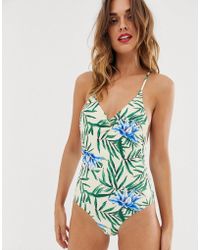 Y.A.S Low Back Swimsuit In Tropical Print - Blue