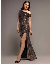 Goddiva - Asymmetric One Shoulder Front Split Sequin Maxi Dress - Lyst