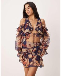 ASOS - Top De Manga Larga Con Estampado Y Detalle De Volantes De (Parte De Un Conjunto) - Lyst