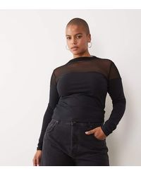 ASOS - Asos Design Curve Top De Manga Larga De Mezcla De Algodón Y Malla Con Detalle Bardot En - Lyst
