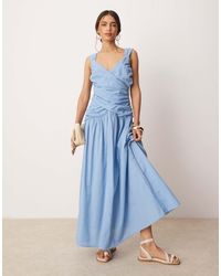ASOS - Vestido Semilargo Con Cintura Baja Y Detalle Cruzado En El Cuerpo De Tejido Efecto Lino De - Lyst