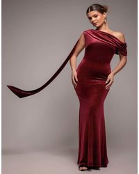 Goddiva - Glitter Velvet Sash One Shoulder Bardot Maxi Dress - Lyst