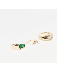Reclaimed (vintage) - Confezione Da 3 Anelli Dorati Con Pietra Sintetica Verde - Lyst