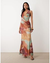 ASOS - Printed Mesh Floral Halter Maxi Dress With Draped Sash Detail - Lyst