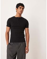 ASOS - Geribbeld Muscle Fit T-Shirt Met Henley-Hals Van Super Zware Stof - Lyst