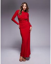 ASOS - Slinky Long Sleeve Maxi Dress With Ruched Gold Trim Detail - Lyst