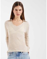 ASOS - Sheer Ribbed Collared Long Sleeve With V Neck Top - Lyst