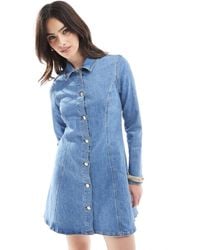 Miss Selfridge - Seam Detail Stretch Denim Fit And Flare Long Sleeve Mini Dress - Lyst