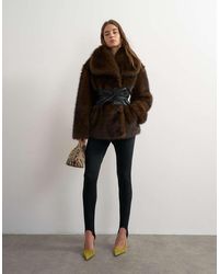 TOPSHOP - Faux Fur Coat With Faux Leather Belt - Lyst