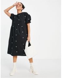Native Youth Puff Sleeve Midi Smock Dress With Contrast Mushroom Embroidery - Black