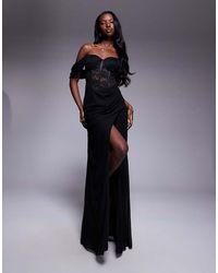 Goddiva - Scalloped Lace & Chiffon Winged Corset Bodice Maxi Dress - Lyst