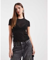 ASOS - Camiseta Negra Con Diseño Encogido Y Bordes Ondulados De Malla Texturizada Con Strass Termosellado De - Lyst