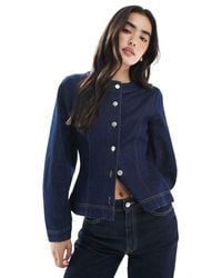 ASOS - Cinched Waist Collarless Denim Shirt With Cocoon Sleeve - Lyst