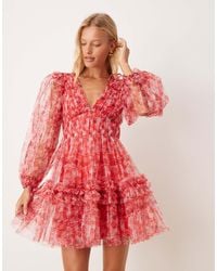 LACE & BEADS - Robe courte en organza à manches ballon - fleuri - Lyst