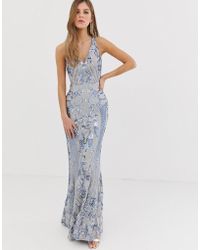 Bariano Embellished Patterned Sequin Strappy Back Maxi Dress In Silver - Metallic