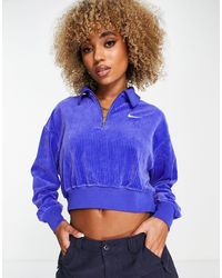 Nike Cropped Velour Quarter Zip Sweatshirt - Blue