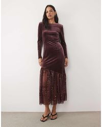 Y.A.S - Long Sleeve Velvet Maxi Dress With Asymetric Glitter Hem - Lyst
