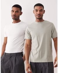 ASOS - Pack De 2 Camisetas De Color Blanco Hueso Y Caqui Básicas Ajustadas De - Lyst