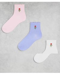 Pieces - Set Van 3 Paar Sokken Met Geborduurde Roos - Lyst