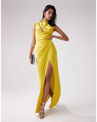 ASOS - Vestido largo amarillo verdoso con cuello alto fruncido con abertura horizontal - Lyst