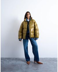 TOPSHOP - High Shine Mid Length Funnel Neck Puffer Jacket - Lyst