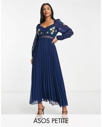 ASOS - Asos Design Petite Embroidered Lace Insert Pleated Midi Dress With Long Sleeves - Lyst
