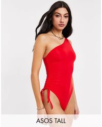 ASOS Asos Design Tall Ruched One Shoulder Swimsuit - Red