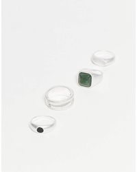ASOS - Set Van 4 Chunky Ringen Met Halfedelsteen Mos En Zwarte Agaat Stenen - Lyst