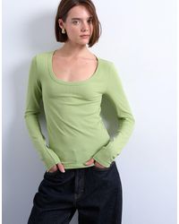 TOPSHOP - Premium Rib Long Sleeve Wide Scoop Neck Top - Lyst