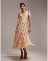ASOS - Bridesmaid Flutter Sleeve Embellished Wrap Midi Dress With Embroidery - Lyst