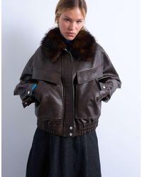 TOPSHOP - Recht Bomberjack Van Imitatieleer Met Rits En Afneembare Kraag Van Imitatiebont - Lyst