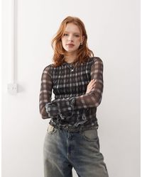 Collusion - Ruched Detail Blur Check Mesh Long Sleeve Top - Lyst
