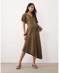 ASOS - V Neck Satin Midi Tea Dress - Lyst