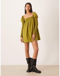 ASOS - Shirred Bust Long Sleeve Button Front Mini Dress - Lyst