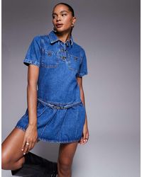River Island - Pleated Denim Mini Dress - Lyst