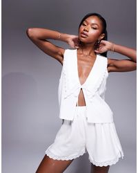 Princess Polly - Linen Blend And Cotton Oversized Collar Lace Trim Detail Tie Front Top And Shorts Full Set - Lyst