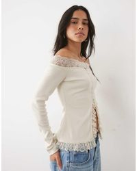 Miss Selfridge - Button Through Bardot Top With Lace Trim - Lyst