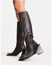 Mango Leather Flat Knee High Boot in Black | Lyst