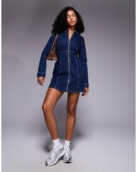 River Island - Zip Front Denim Mini Dress - Lyst
