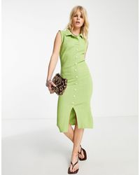 Fashionkilla Rib Button Through Midi Dress - Green