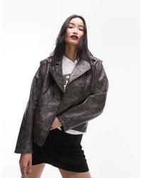 TOPSHOP - Faux Leather Washed Biker Jacket - Lyst