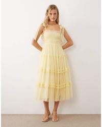 LACE & BEADS - Bridesmaid Bow Shoulders Tulle Midi Dress - Lyst