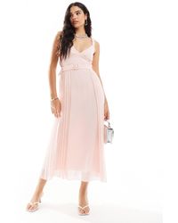 ASOS - Robe mi-longue plissée avec décolleté plongeant et ceinture à la taille - pastel - Lyst